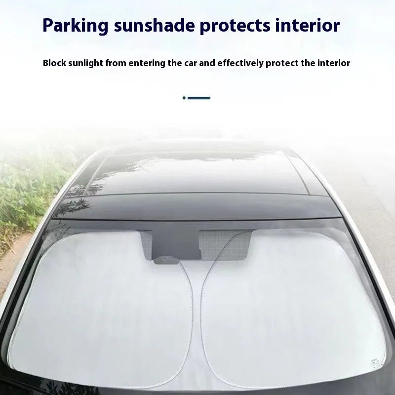 Aluminium foil car sunshade in titanium silver, shown in a rectangular shape for windscreen coverage.