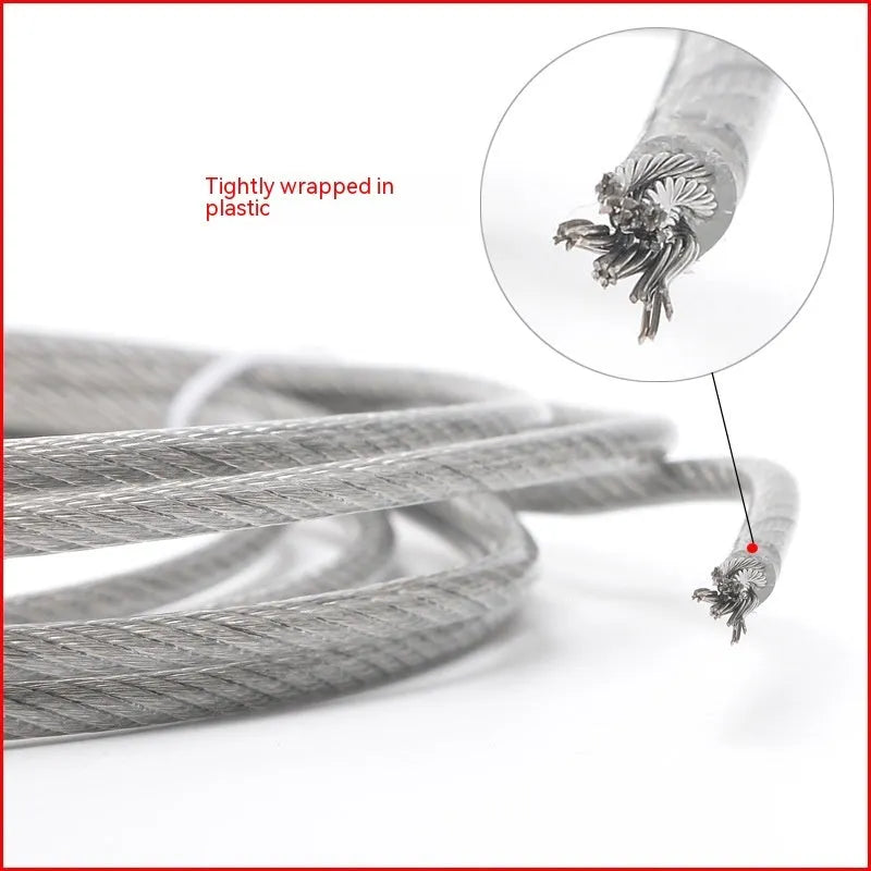 Coiled 304 stainless steel security wire rope with multiple diameter options on a white background.
