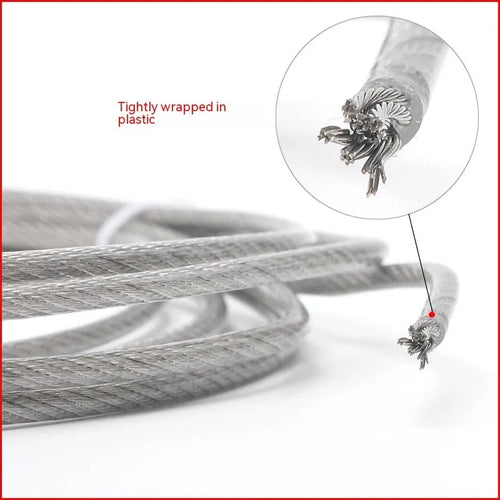 Coiled 304 stainless steel security wire rope with multiple diameter options on a white background.