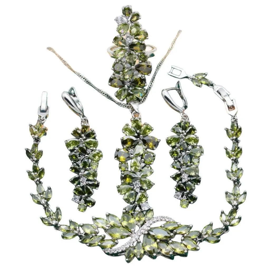 Retro copper zircon jewellery set with floral pattern showing necklace, bracelet, ring, and earrings in olive purple colours