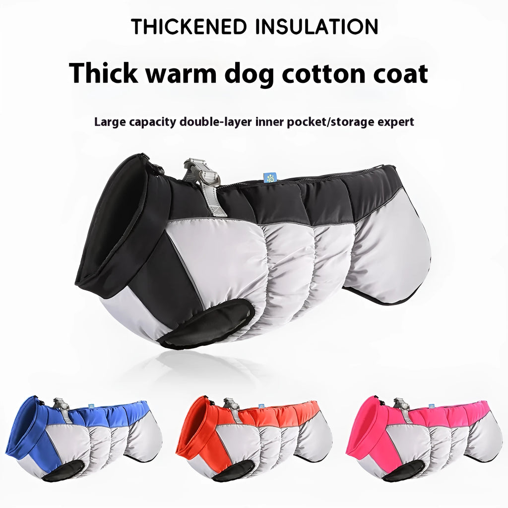 Large black dog wearing a blue reflective waterproof winter coat with polar fleece lining.