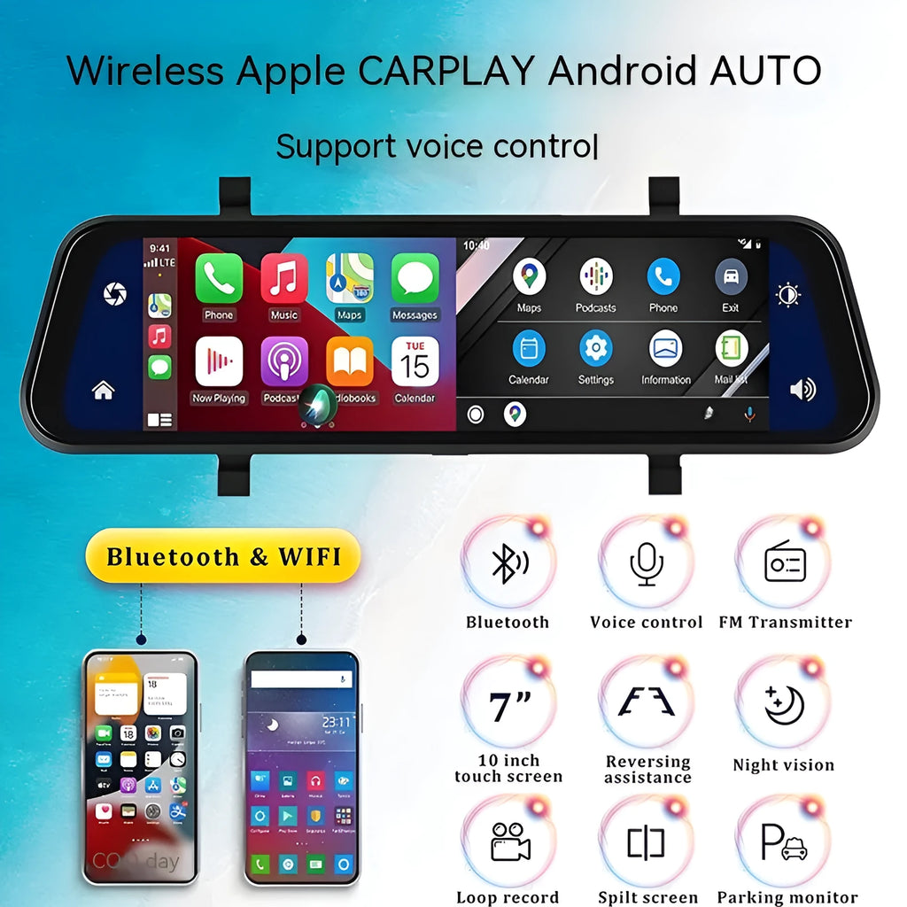 Black 9-inch portable car GPS navigation system with dual cameras and wireless DVR recording