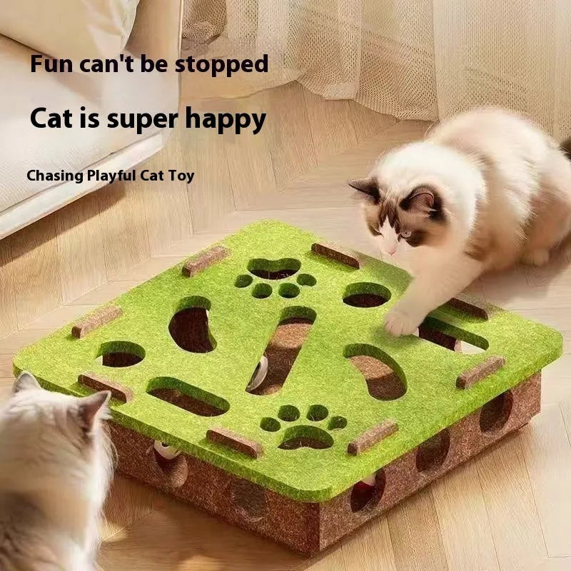 Green brown felt box cat toy with a hole, shown next to a grey and a camel white version, dimensions 30x30x7.5 cm.