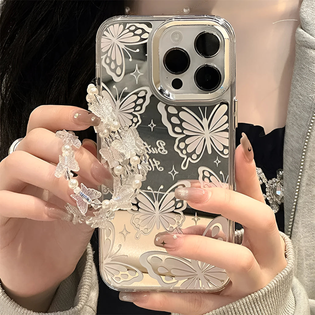 Transparent three-in-one mirror phone case with detachable bracelet strap for Apple iPhone