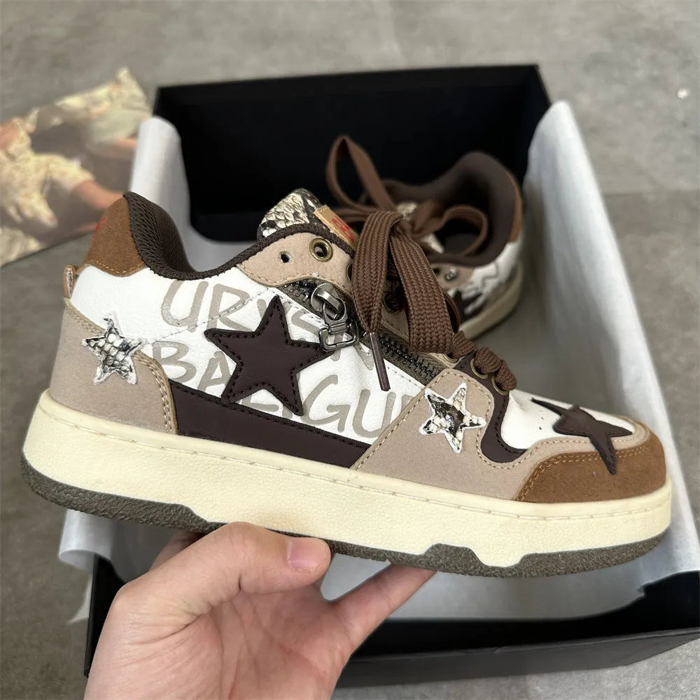 Brown low-top sneakers with candy-colour pattern, artificial PU upper, and rubber sole