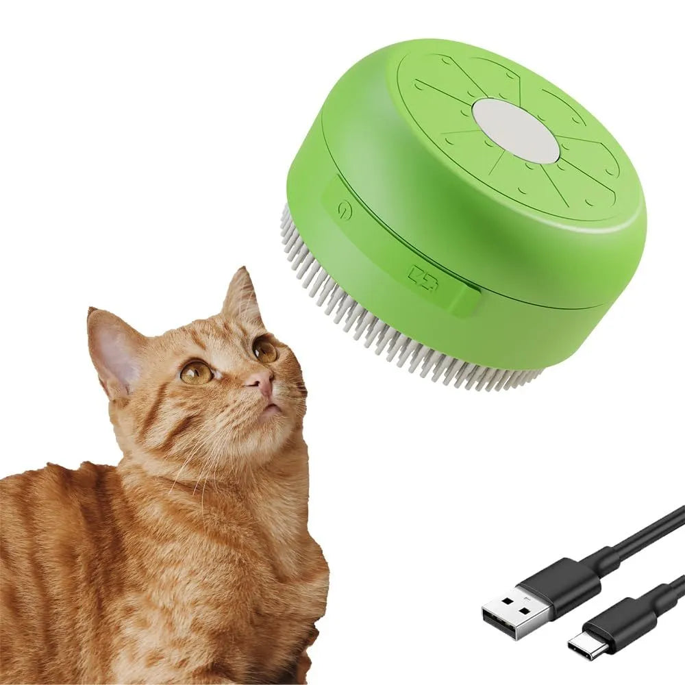 Green rechargeable steam brush for grooming cats and dogs on a white background.