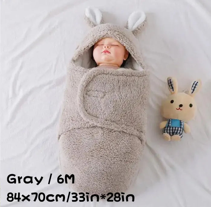 Fluffy fleece baby sleeping bag swaddle in blue with adjustable hook-and-loop closure for newborn