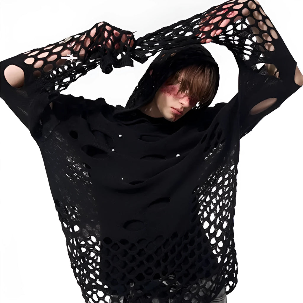 Black men's hooded sweater with hollow knit pattern and pearl decorative details on the front.