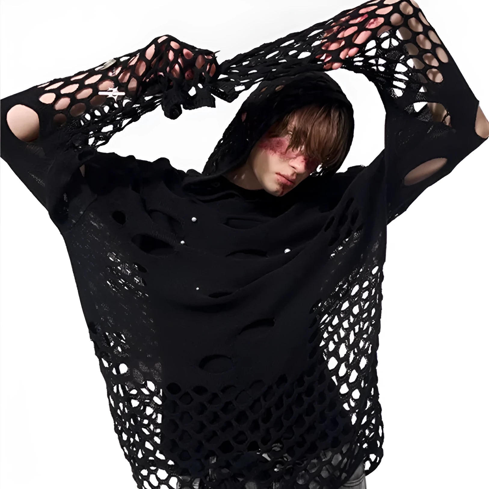 Black men's hooded sweater with hollow knit pattern and pearl decorative details on the front.