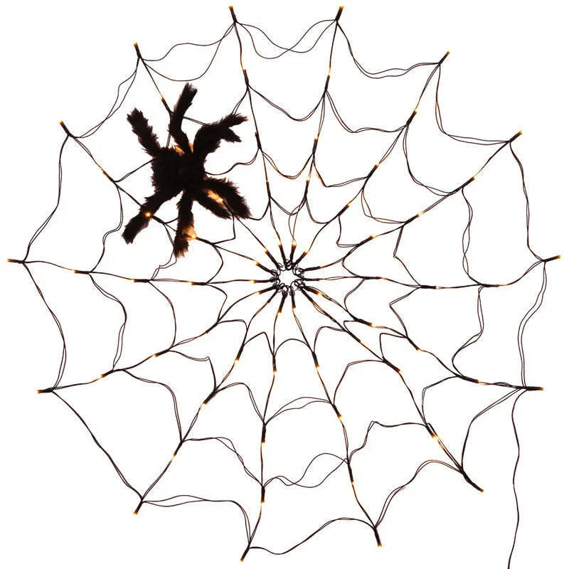 Halloween LED spider web string light with 70 warm white lights and furry spider on black wire, 1 metre diameter