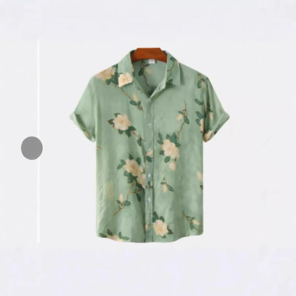 A Hawaiian floral print short sleeve shirt cardigan with a lapel collar, shown in a vibrant colour.