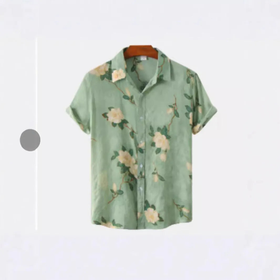 A Hawaiian floral print short sleeve shirt cardigan with a lapel collar, shown in a vibrant colour.