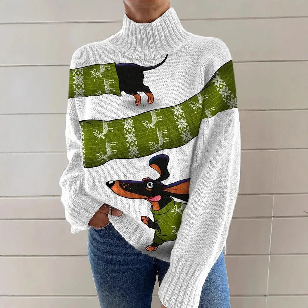 Women's loose-fit Christmas printed turtleneck sweater in a macaron colour with a festive painting design.