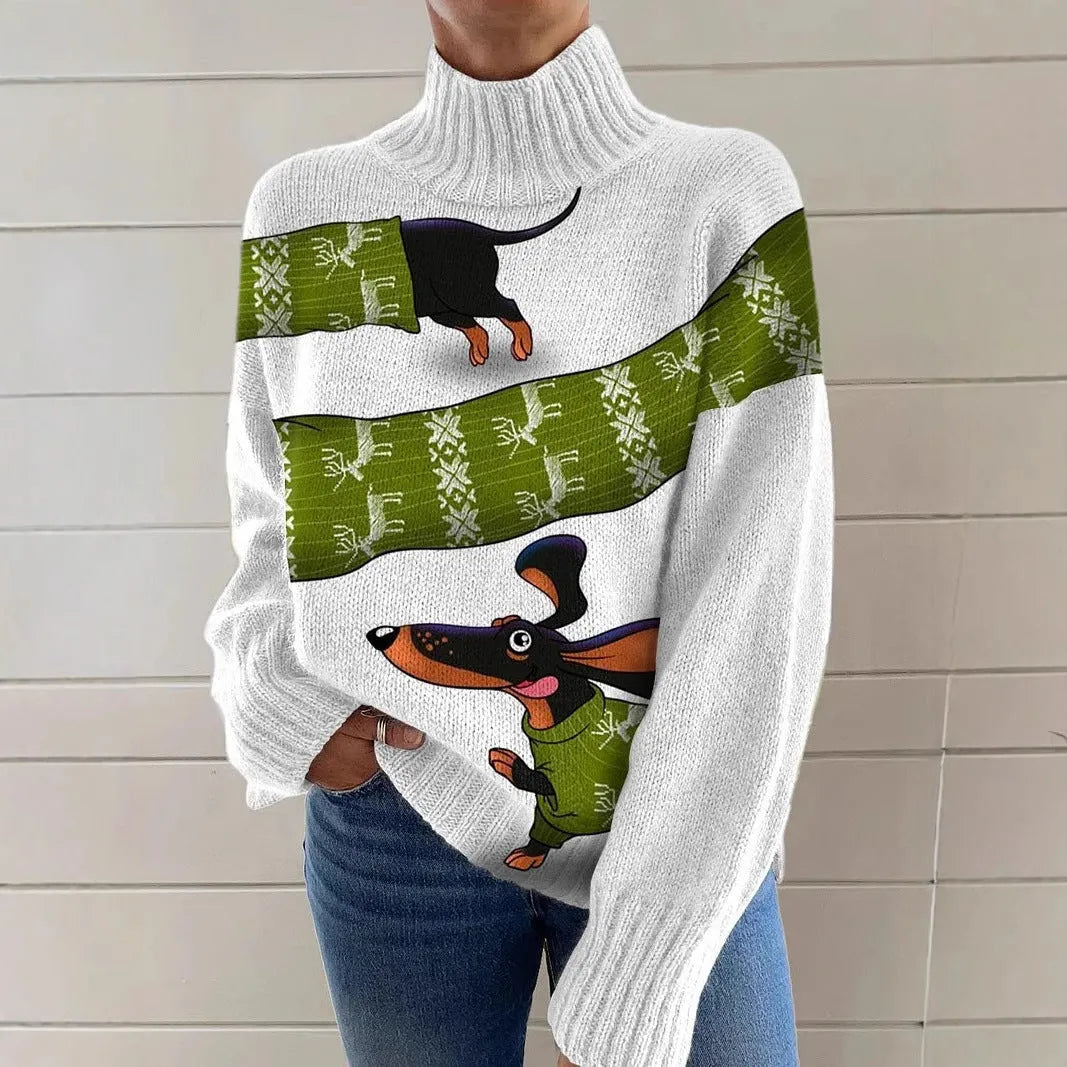 Women's loose-fit Christmas printed turtleneck sweater in a macaron colour with a festive painting design.