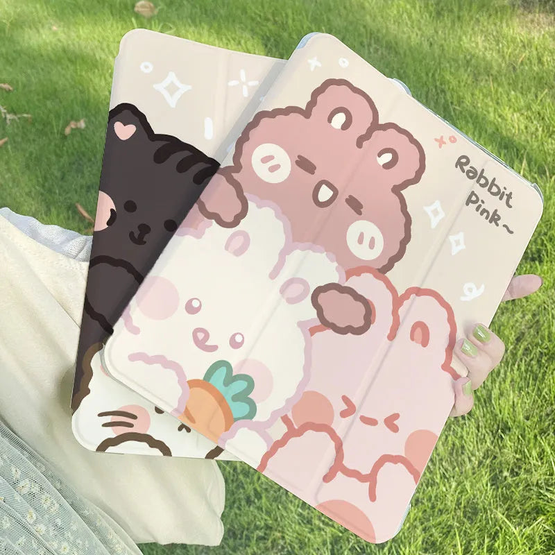 Silicone tri-fold protective iPad case in a cartoon rabbit design lying flat.