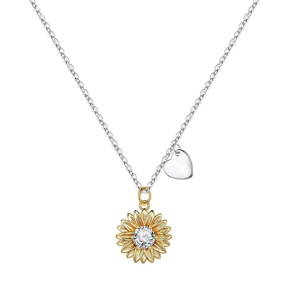 925 silver Love Sunflower necklace with geometry pendant and adjustable cross chain.