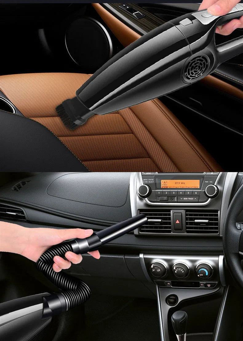 Black and orange handheld car vacuum cleaner with 12V power cord for cigarette lighter socket.