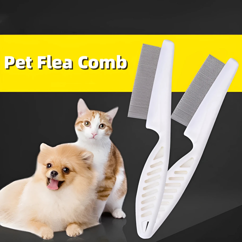 Flea comb for dogs and cats with handle, small 14cm and large 18cm sizes, in white, blue, red or black