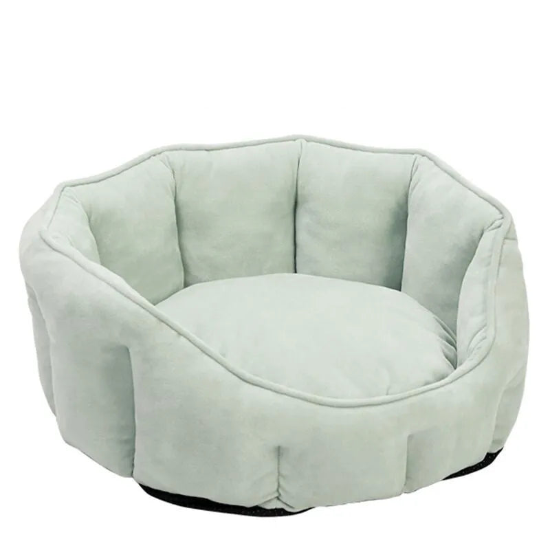 Grey cat kennel house with hammock attachment and plush interior, measuring 46cm square