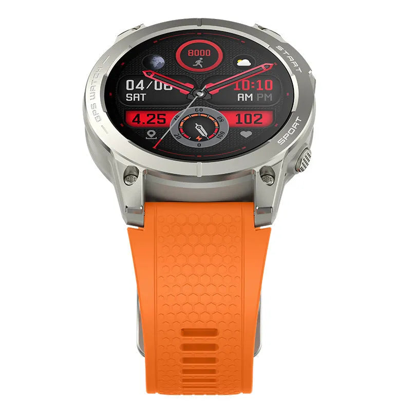 S53 black and orange outdoor GPS smartwatch with silicone strap on a wrist
