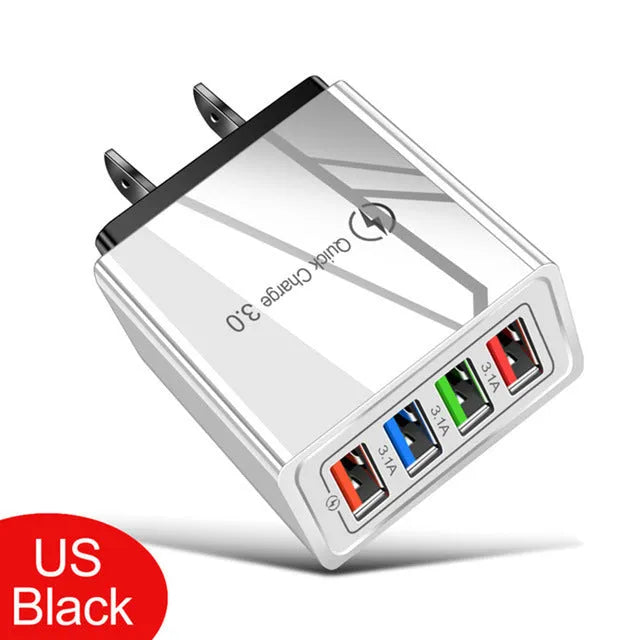 Black and white multi-port USB wall charger with luminous light indicator and UK three-pin plug