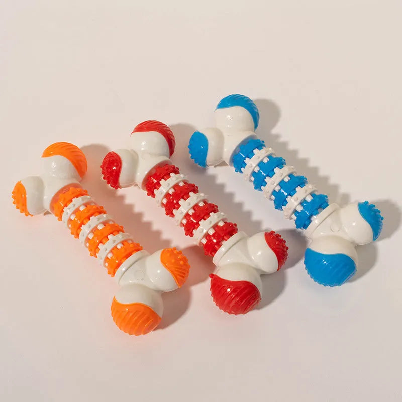 Blue bone-shaped rubber dog chew toy with a treat holder pocket in the centre for small dogs.
