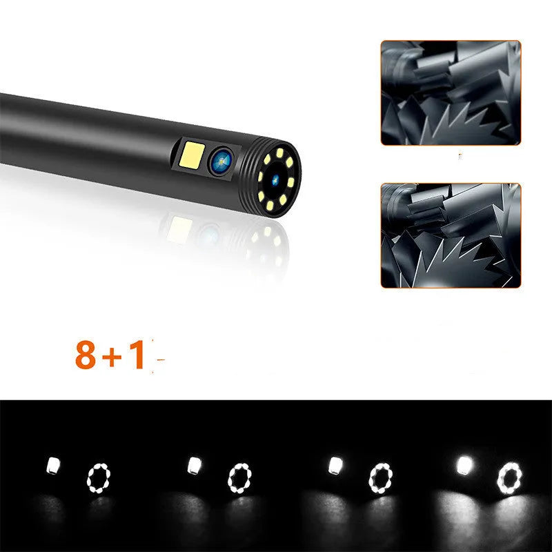 F300 WiFi dual lens endoscope with 5.5mm and 8mm waterproof probes, hook and magnet attachments.
