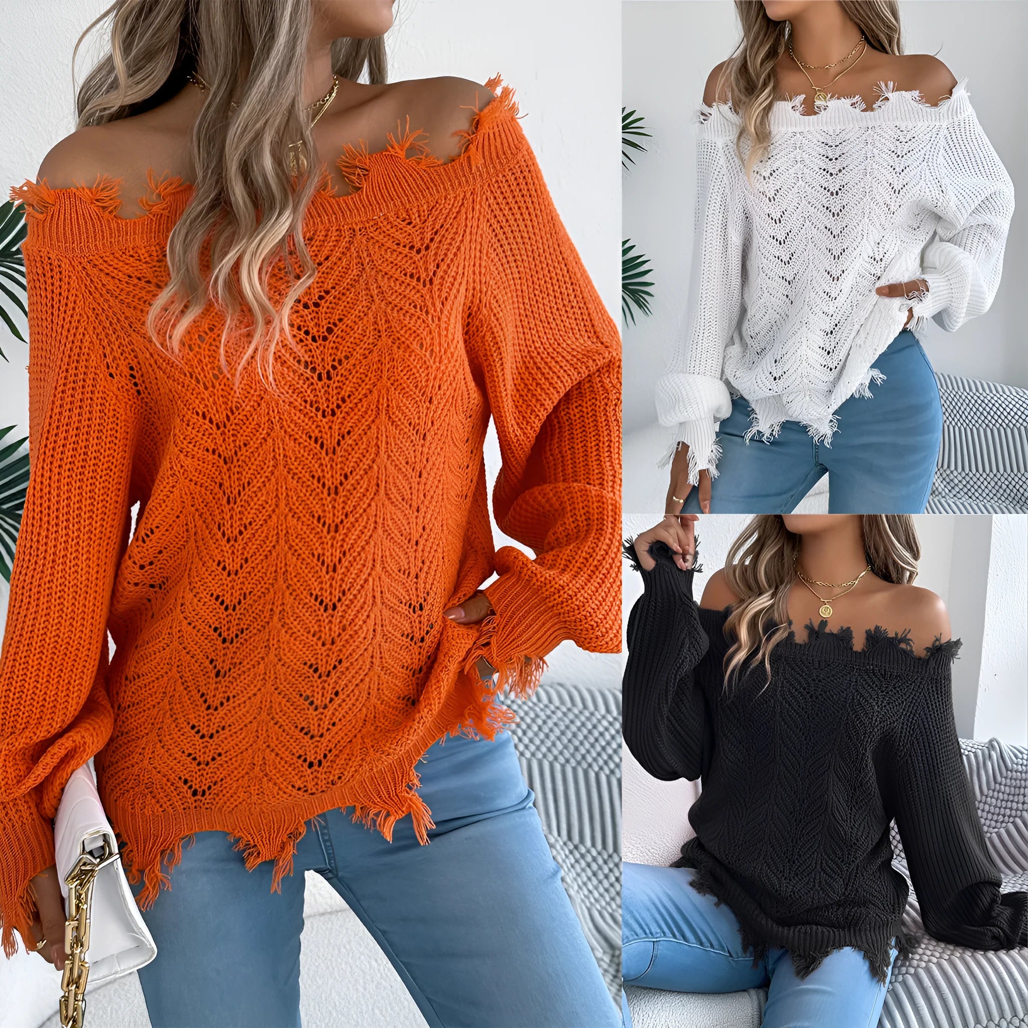 White hollow-out long-sleeved pullover sweater with an off-the-shoulder cut and regular sleeves on a hanger.