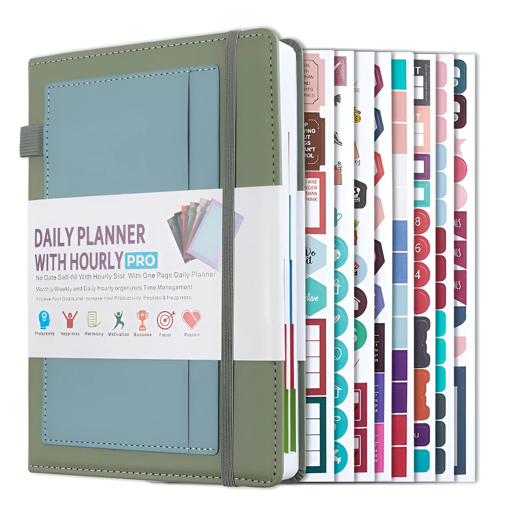 No date notebook with elastic strap in purple PU leather cover showing thread binding and planning stickers