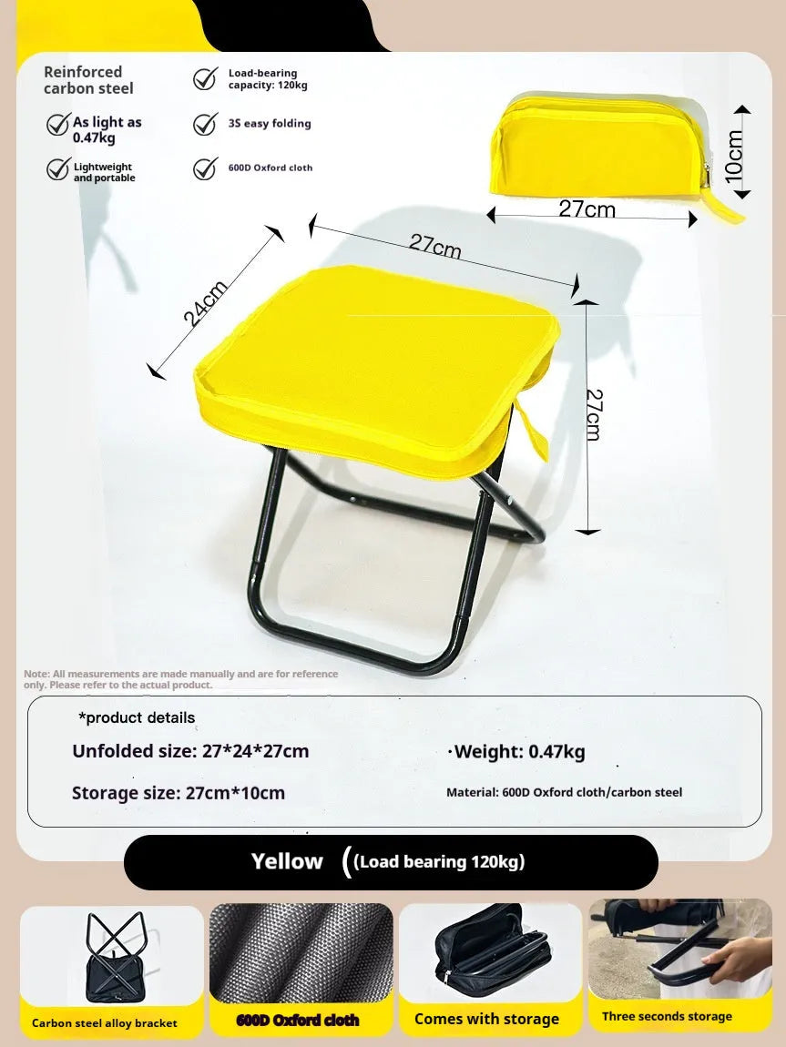 Lightweight foldable camp chair stool in Oxford cloth, shown in a khaki colour with carry handle.