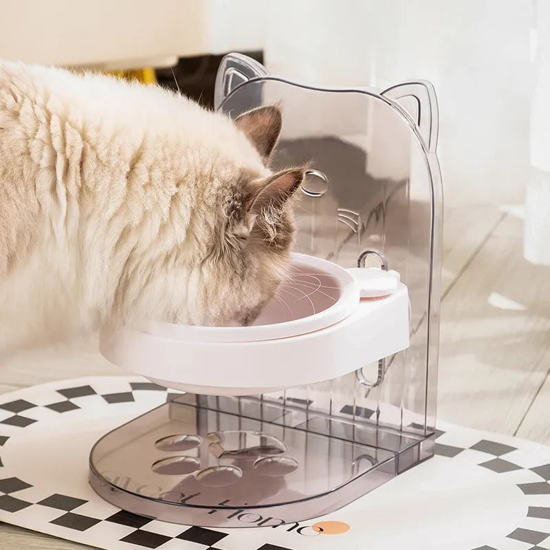Grey cat bowl with cat ear design and anti-spill edges on adjustable hanging cage