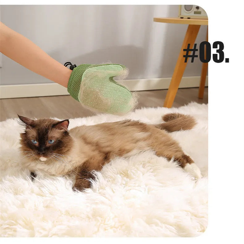 Two-in-one floating hair removal pet grooming glove in blue mesh and TPR material