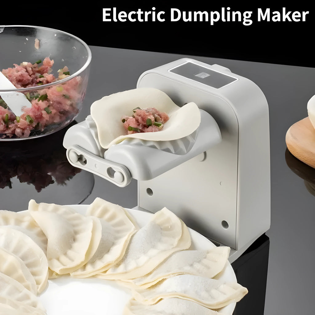White electric dumpling maker machine with modern design on kitchen countertop