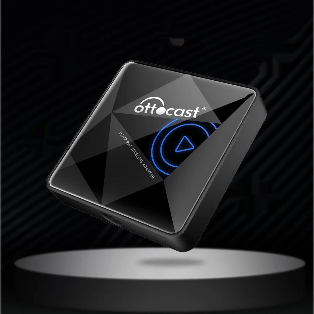 Black wireless car Bluetooth AIBOX box with Type-C port measuring 59x59x150mm