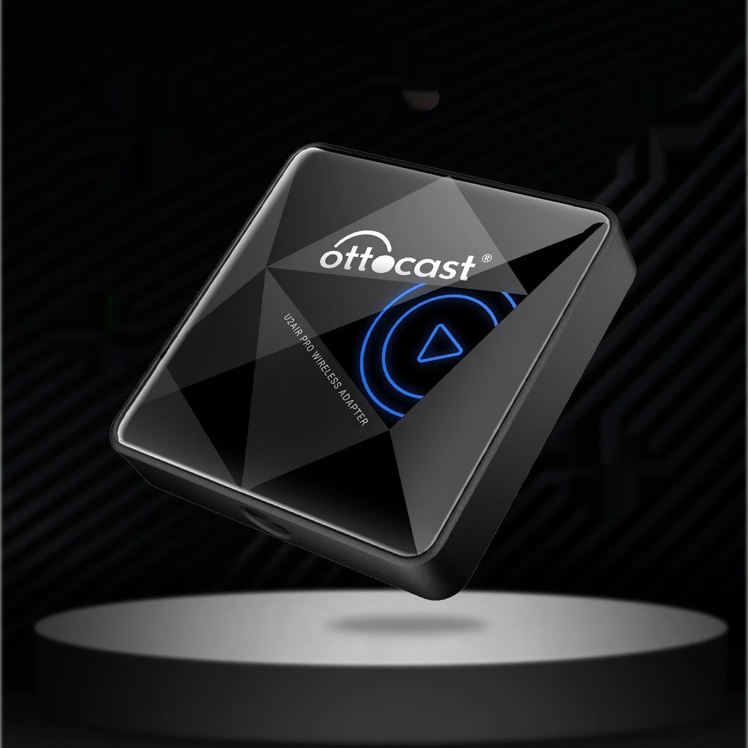 Black wireless car Bluetooth AIBOX box with Type-C port measuring 59x59x150mm