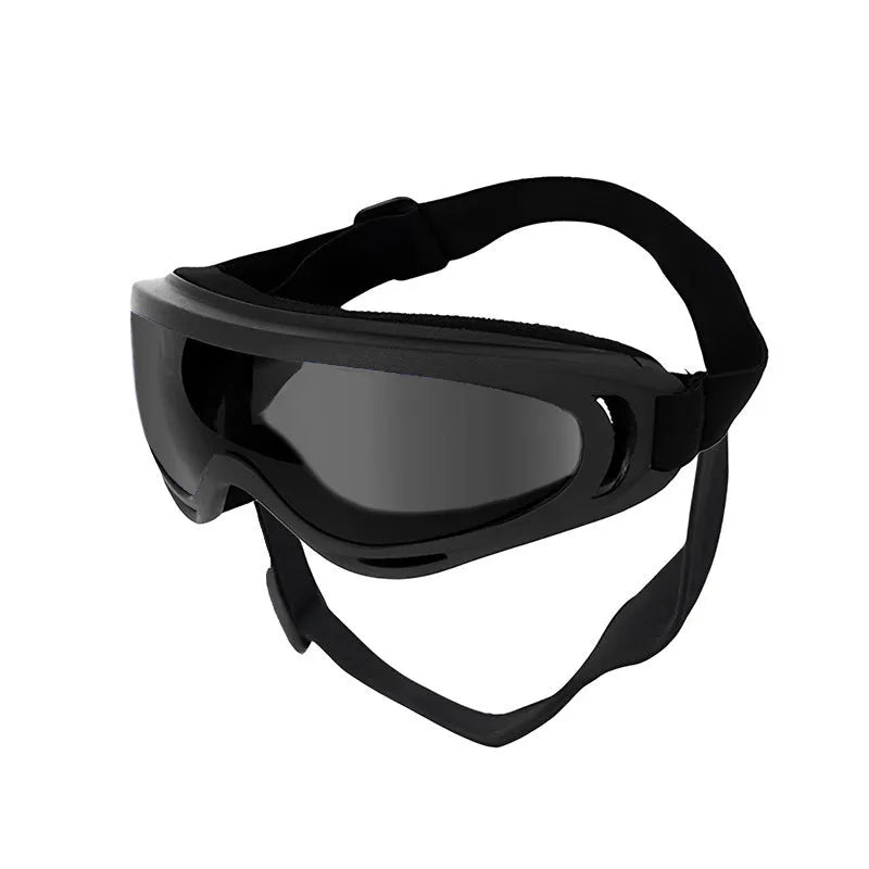 Dog windproof PVC pet glasses, 18x8x7cm, shown in five lens colours including black, clear and dazzling red.