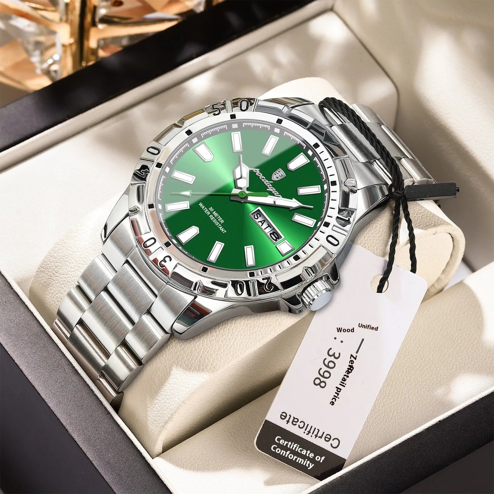 Swiss men's waterproof luminous watch with 6mm case in silver, gold or black with steel strap