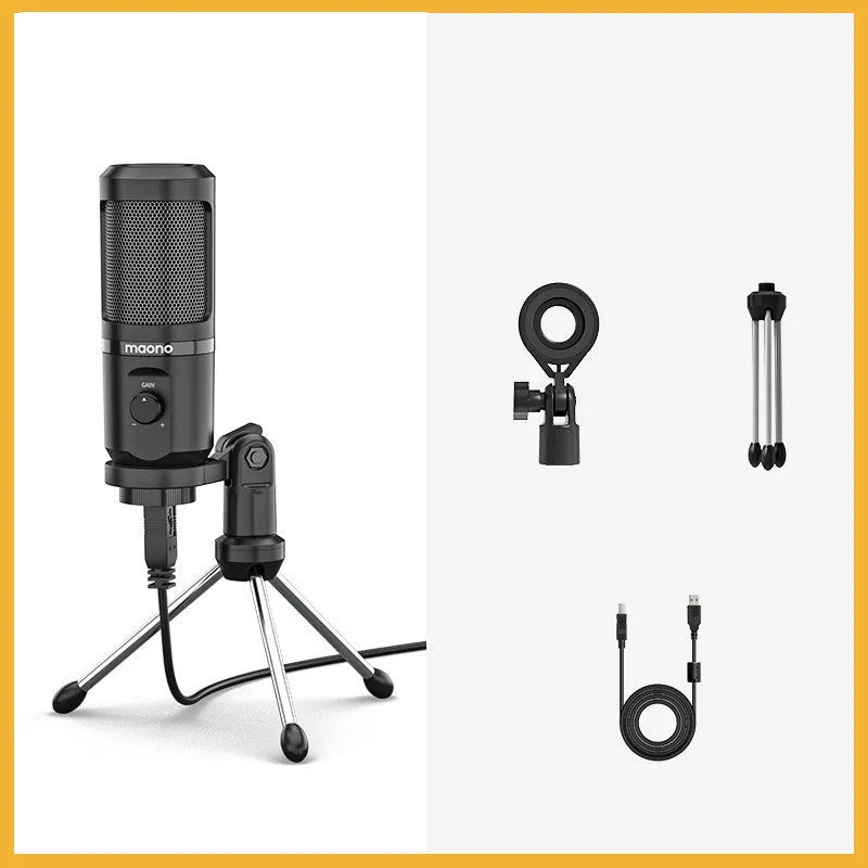 USB recording microphone with shock mount and tripod on a desk for computer or phone dubbing.