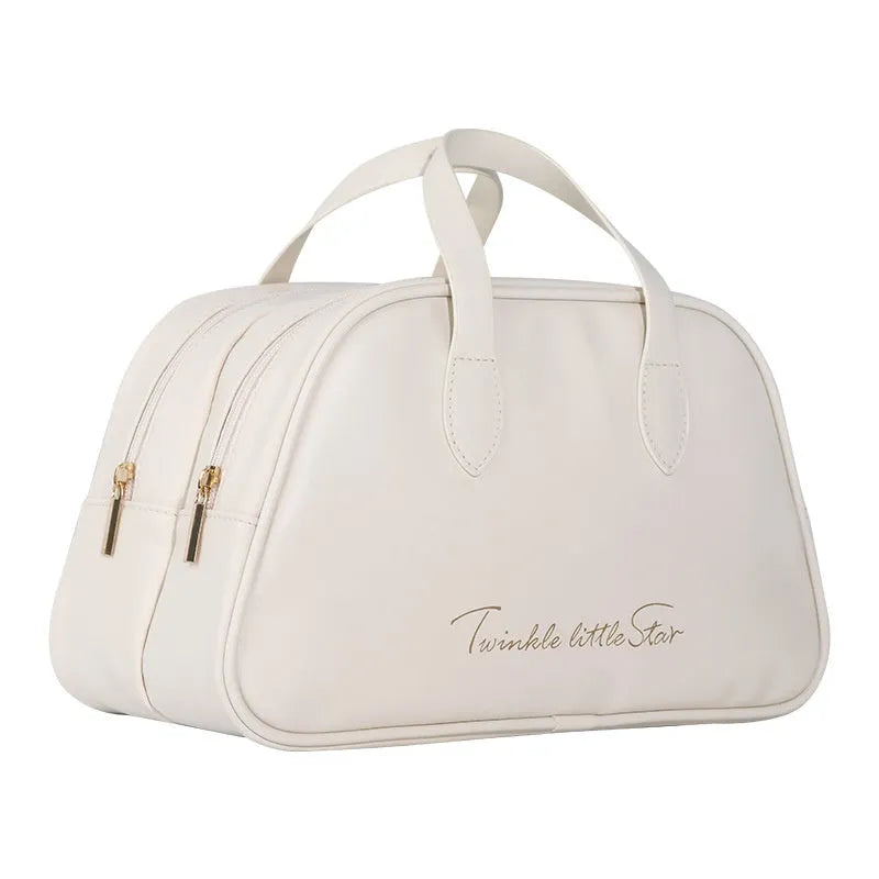 Large leather travel toiletry bag in caramel mocha colour with waterproof PU material construction