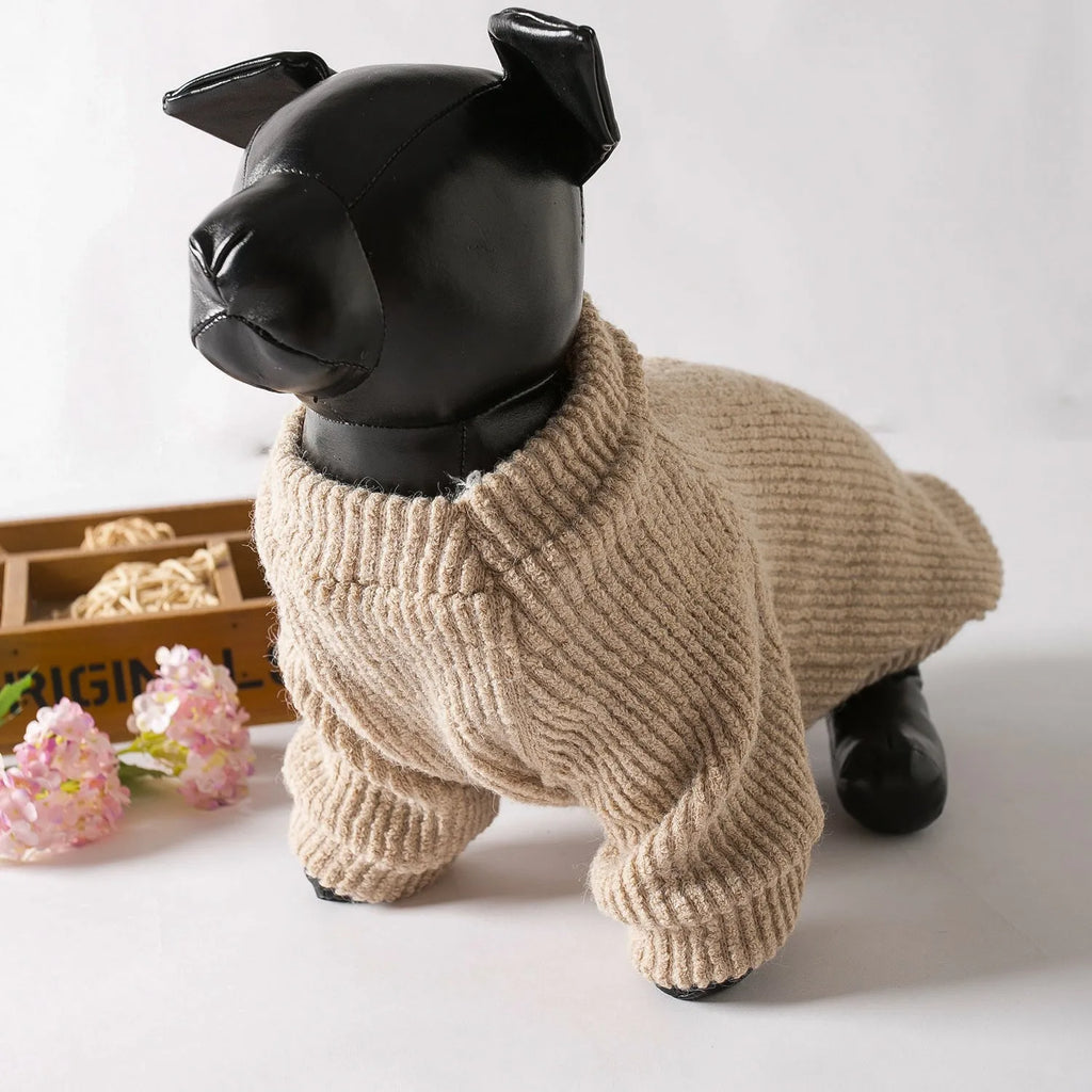 Brown cloth sweater pullover on a small dog, showing casual style and fit.