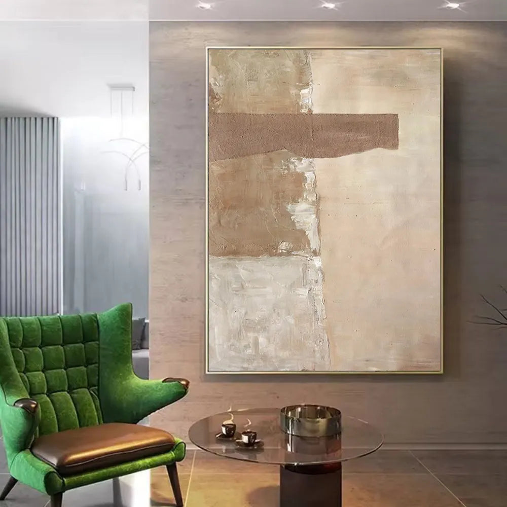 Large handmade abstract oil painting on canvas, brown textured medieval wabi-sabi style, vertical one-panel wall art, no frame