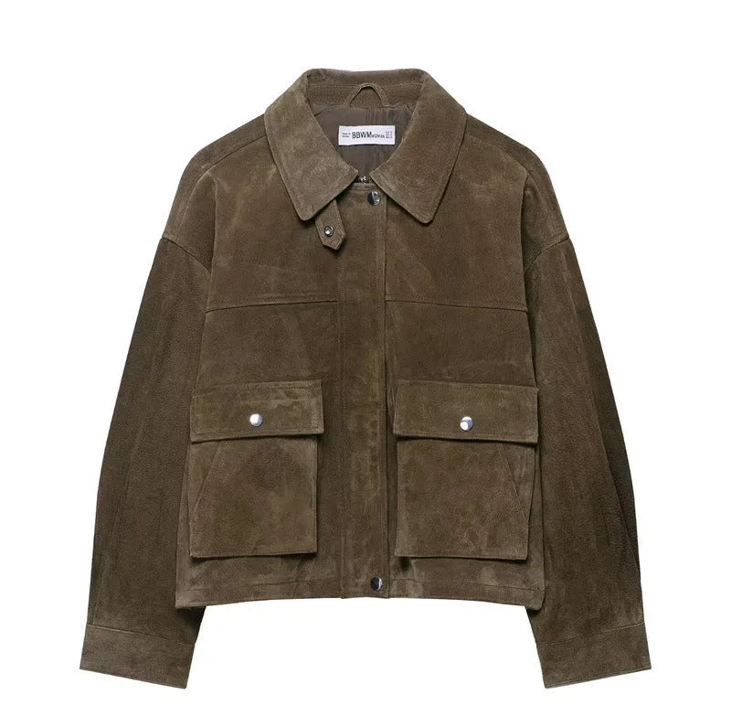 Women's PU fabric jacket in Japanese Korean casual style, medium thickness, loose regular fit