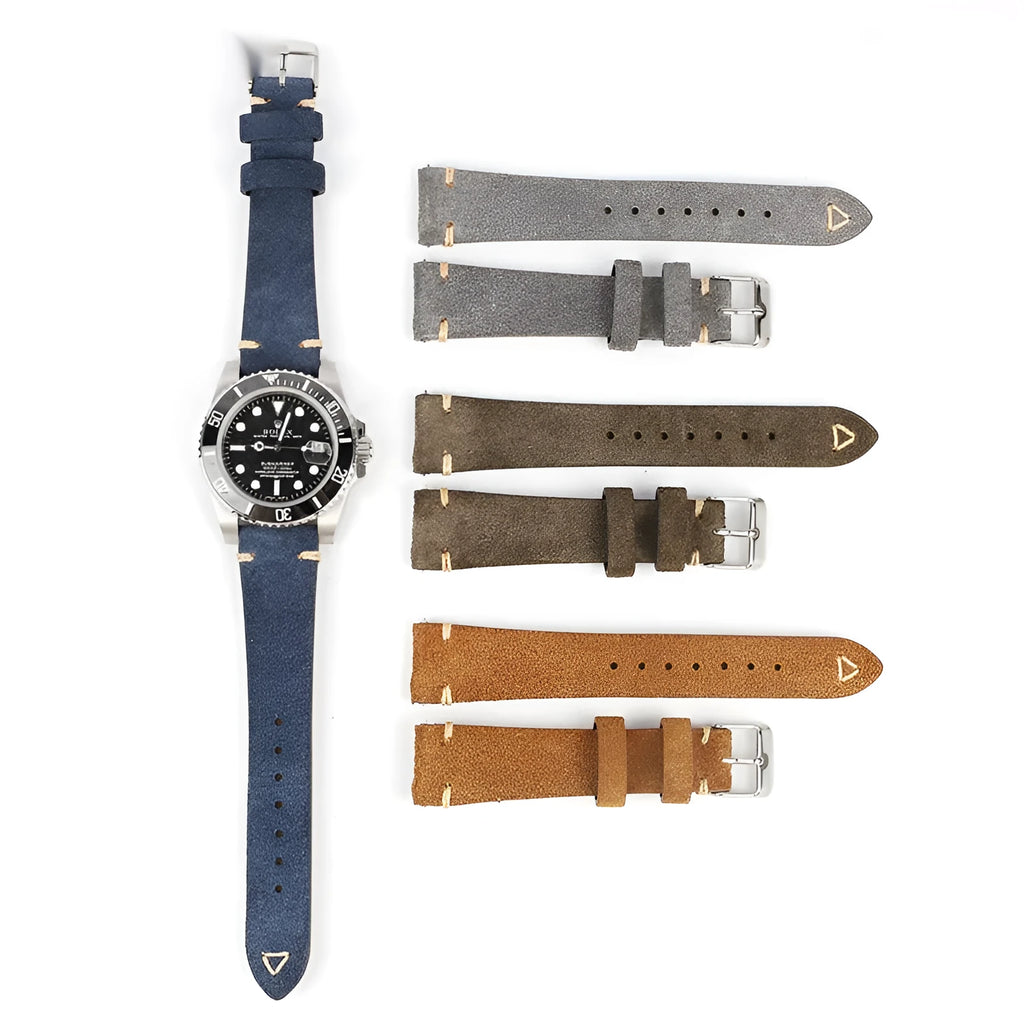 Genuine suede leather watch strap in Army Green colour, showing textured material and buckle.