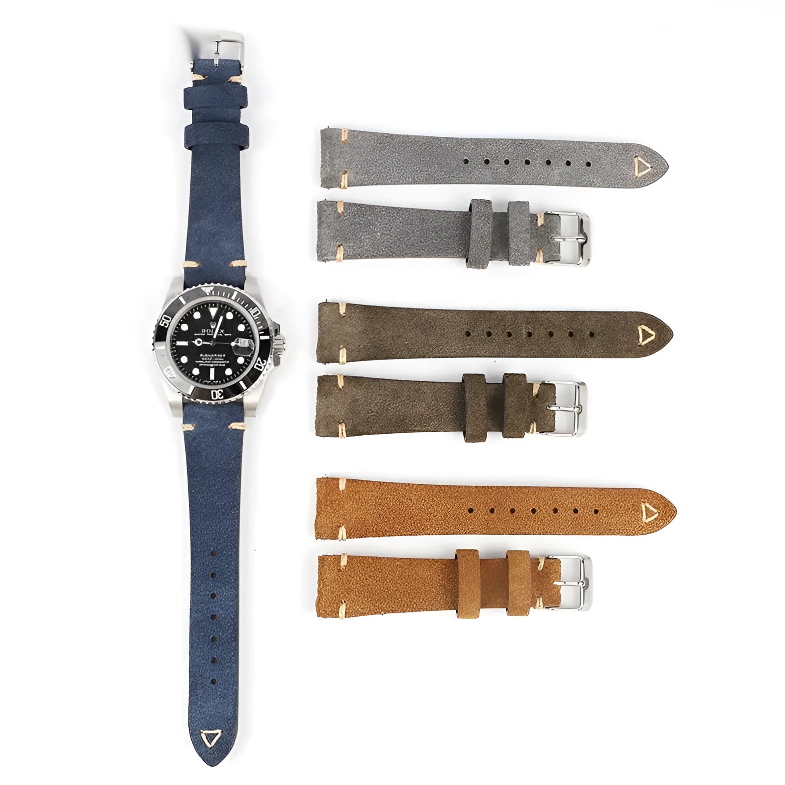 Genuine suede leather watch strap in Army Green colour, showing textured material and buckle.