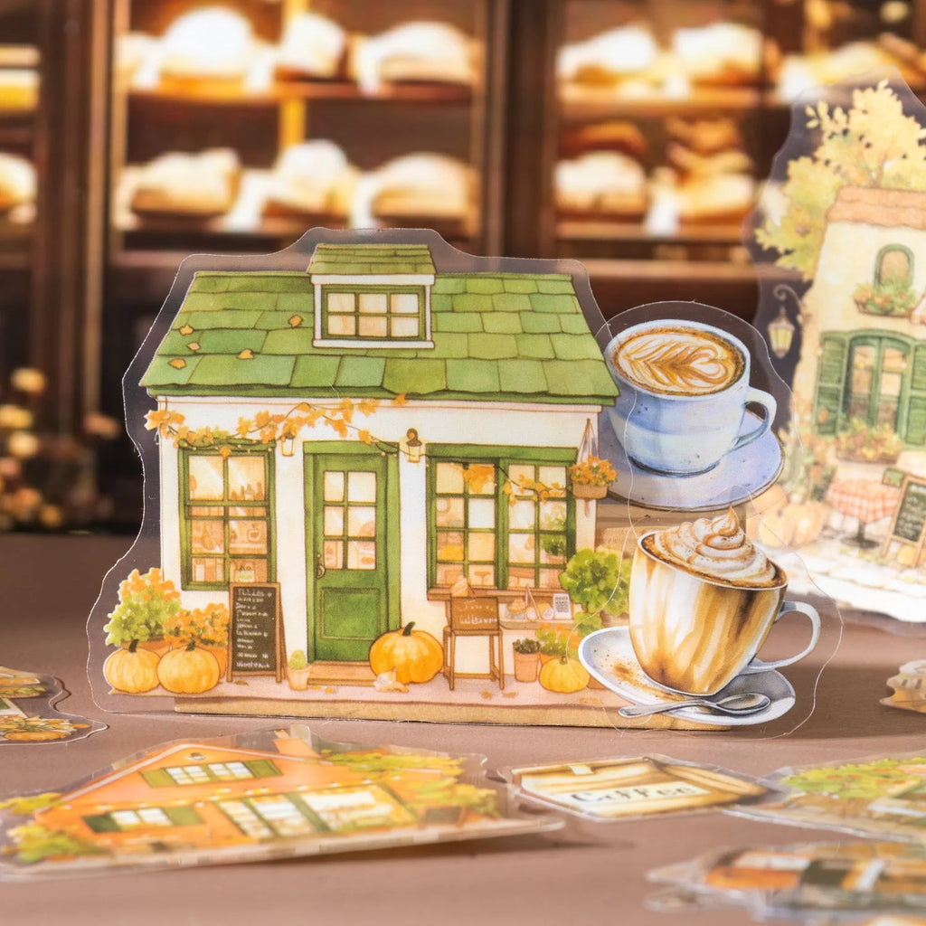 Encounter Cafe Series hand account sticker package with retro cafe designs in multiple colour options including Mori Night Cafe and Green Cafe.