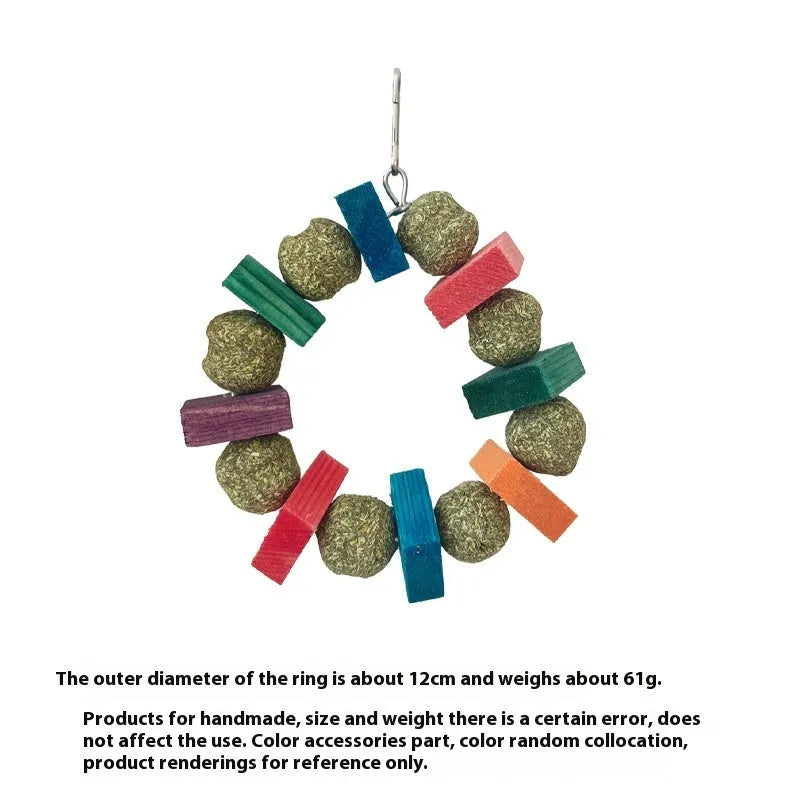 Hamster toy with Totoro-shaped rings, straw balls, and applewood molar rods for small pets