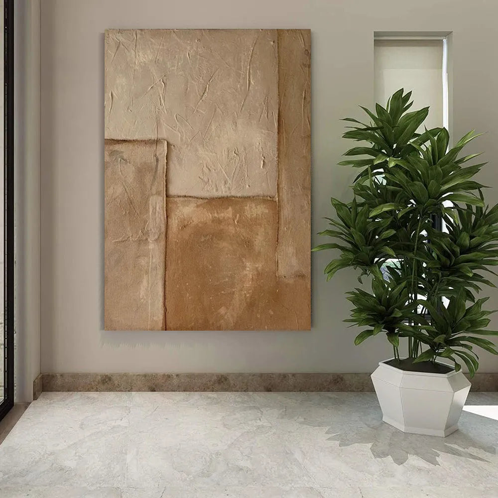 Large handmade abstract oil painting on canvas, brown textured medieval wabi-sabi style, vertical one-panel wall art, no frame
