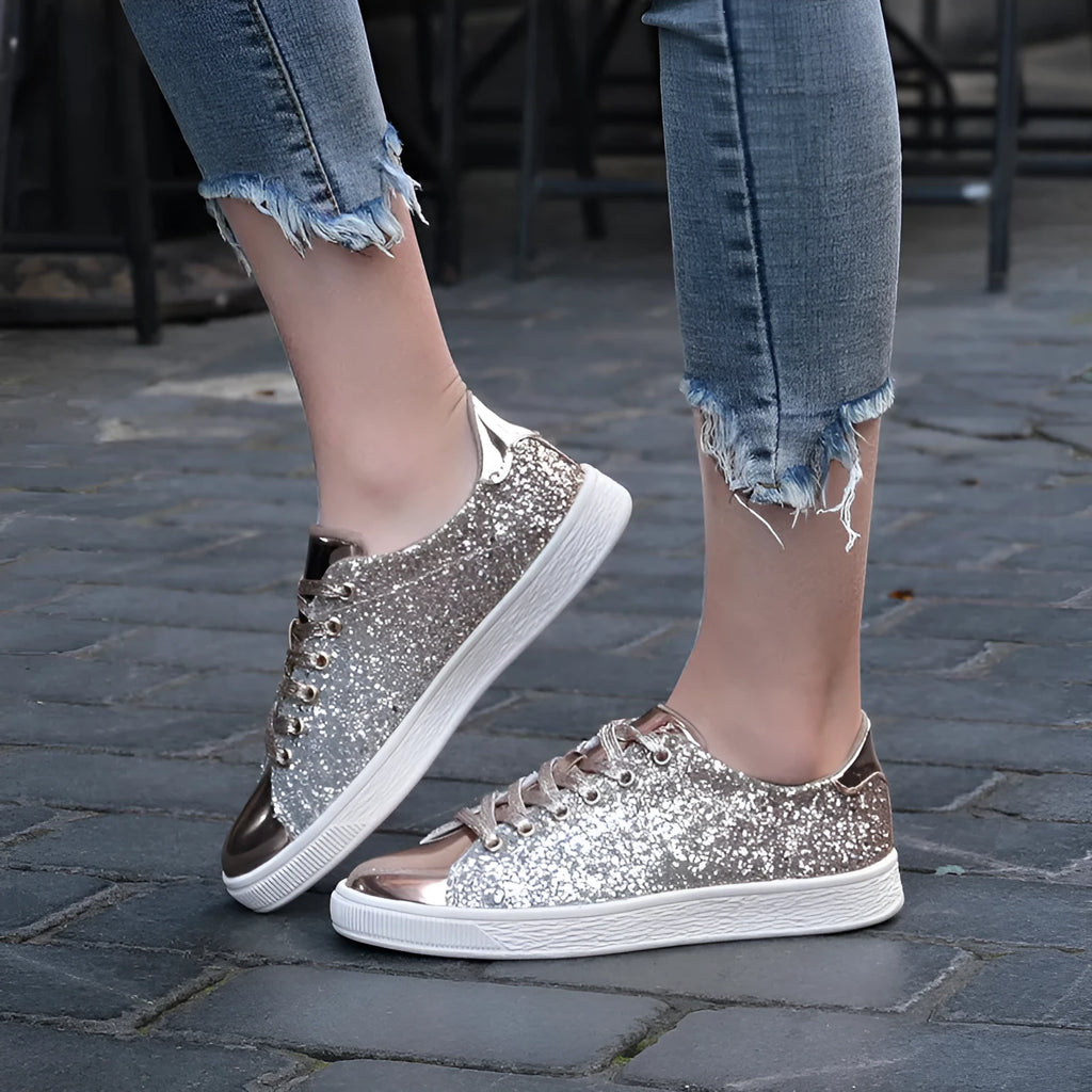 Women's black, pink, and gold sequinned casual lace-up shoes with a round toe and leather lining.