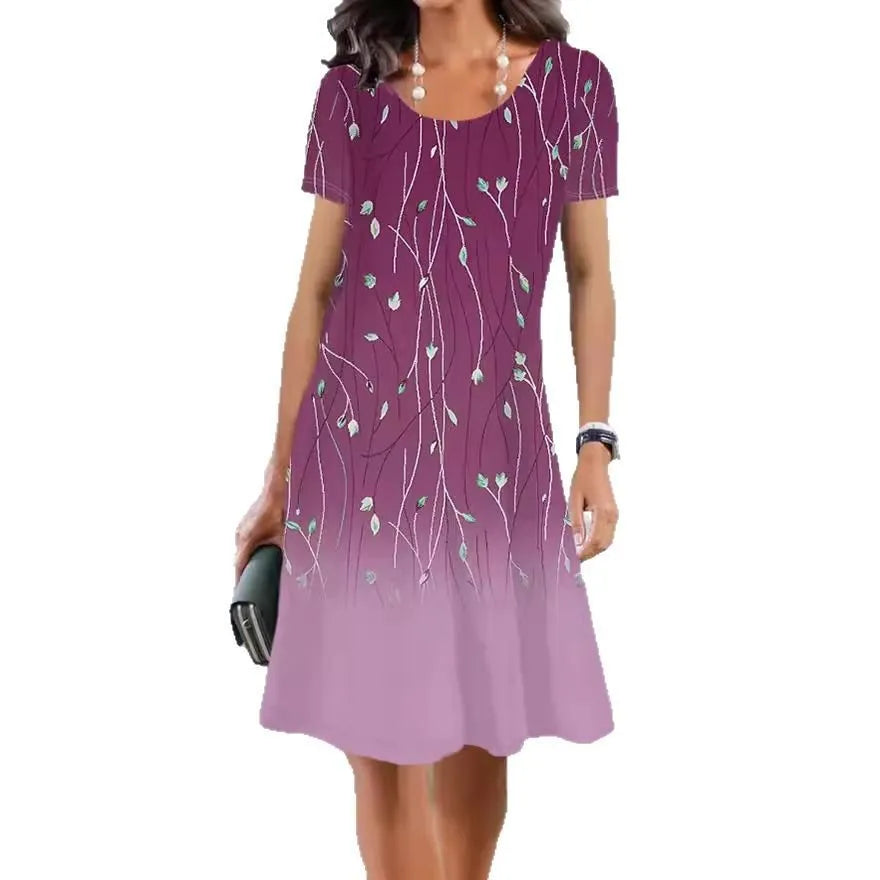 Light blue floral print Ice Silk summer dress with round neck and short sleeves on a mannequin.