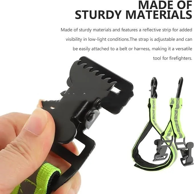 Fluorescent green universal safety clamp with metal buckle for fireman gloves.